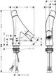 Waschtischmischer von AXOR mit zwei Griffen und Zugstangen-Ablaufgarnitur. Technische Zeichnung zeigt Maße und Anschlussdetails. Design für Handwaschbecken.